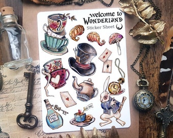 Sticker Sheet Wonderland - Alice in Wonderland Sticker Sheet, Magic Stickers, Mad Hatter Stickers, Bullet Journal, Scrapbook Stickers