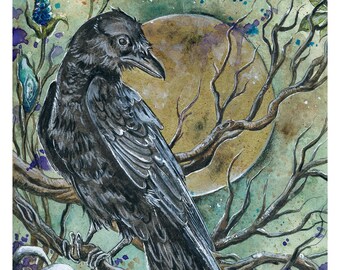 Raven (art print) - Raven image, witchy, crow, Goth, Gothic, Dark art, gloomy, moon, Harena, artwork, animal, illustration, nature, fantasy