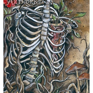 May include: A watercolor painting of a human ribcage with a heart inside. The heart is surrounded by green plants and vines. The ribcage is surrounded by brown roots and mushrooms.
