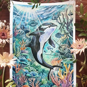Orca (Original & Kunstdruck) - Killerwal, Unterwasser, Illustration, Aquarell, Wal Malerei, Wal Druck, Whale Art Orca, Schwertwal