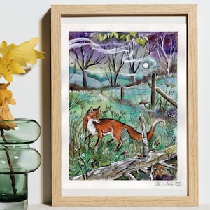 Volpe (stampa originale e artistica) - animali, animali della foresta, natura, fauna selvatica, foto di animali, foresta, luna, lumaca, illustrazione, fantasia, acquerello