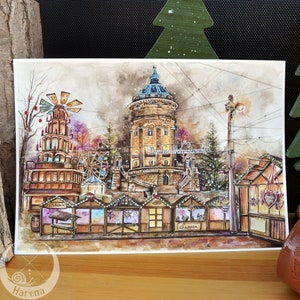 MANNHEIM Water Tower & Christmas Market (Art Print) - City, Baden-Württemberg, Christmas, Watercolor, Drawing, Illustration, Heart, Art