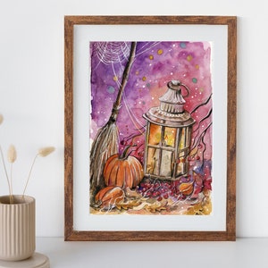 Kerze (Kunstdruck) - Laterne, pink, Kunst, Illustration, Halloween, Hexe, Herbst, Kürbis, Wandbild, Wanddeko, Aquarell, Märchen, Trauerkarte