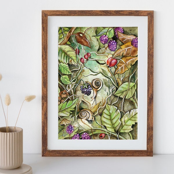 Verstecken (Original & Kunstdruck) - Schnecke, Natur, Tiere, Beeren, Kunst, Illustration, Wandbild, Wanddeko, Zeichnung, Aquarell, Märchen