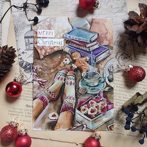 Postkarte Merry Christmas, Frohe Weihnachten, Weihnachtskarte, weihnachtliche Grußkarte, Kaffee, Kekse, Backen, besinnliche Weihnachtszeit