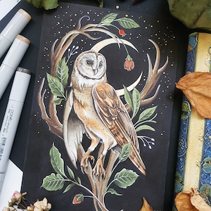 Barn Owl (Original & Art Print) - Owl Lover, Moon, Gothic, Tattoo Art, signed art print, fairytale, not AI art
