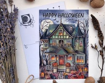 Happy Halloween Postcard - Haunted House, scary house, haunted castle, pumpkins, illustrated postcard, full moon, harena, no AI art