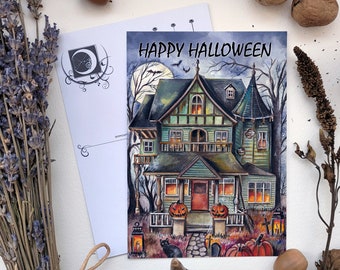 Happy Halloween Postcard - Haunted House, Scary House, Haunted Castle, Pumpkins, Illustrated Postcard, Full Moon, Harena, No AI Art