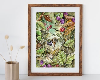 Hiding (Original & Art Print) - Snail, Nature, Animals, Berries, Art, Illustration, Wall Art, Wall Decor, Drawing, Watercolor, Fairy Tale