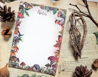 Notepad A6 autumn dotted, notes, birds, robins, notepads, mushrooms, forest animals, hedgehogs, mouse, autumnal, shopping list, pad