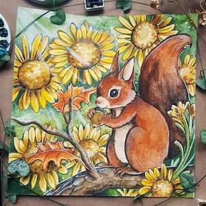Sonnenblumen Eichhörnchen (Kunstdruck) - Hörnchen, Kinderzimmer, Süße Zeichnung, Aquarell, Illustration, Cartoon, Malerei, keine KI-Kunst