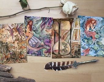 Set di cartoline creature mitiche - stampa da illustrazioni originali, la sirenetta, elfo, fata, fiaba, arte, illustrazioni fantasy