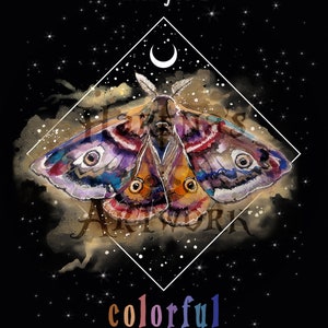 May include: A colorful birthday card with a watercolor illustration of a moth in a diamond shape with a crescent moon above it. The background is a dark blue with white stars. The text "Wish you a colorful birthday!" is below the moth.
