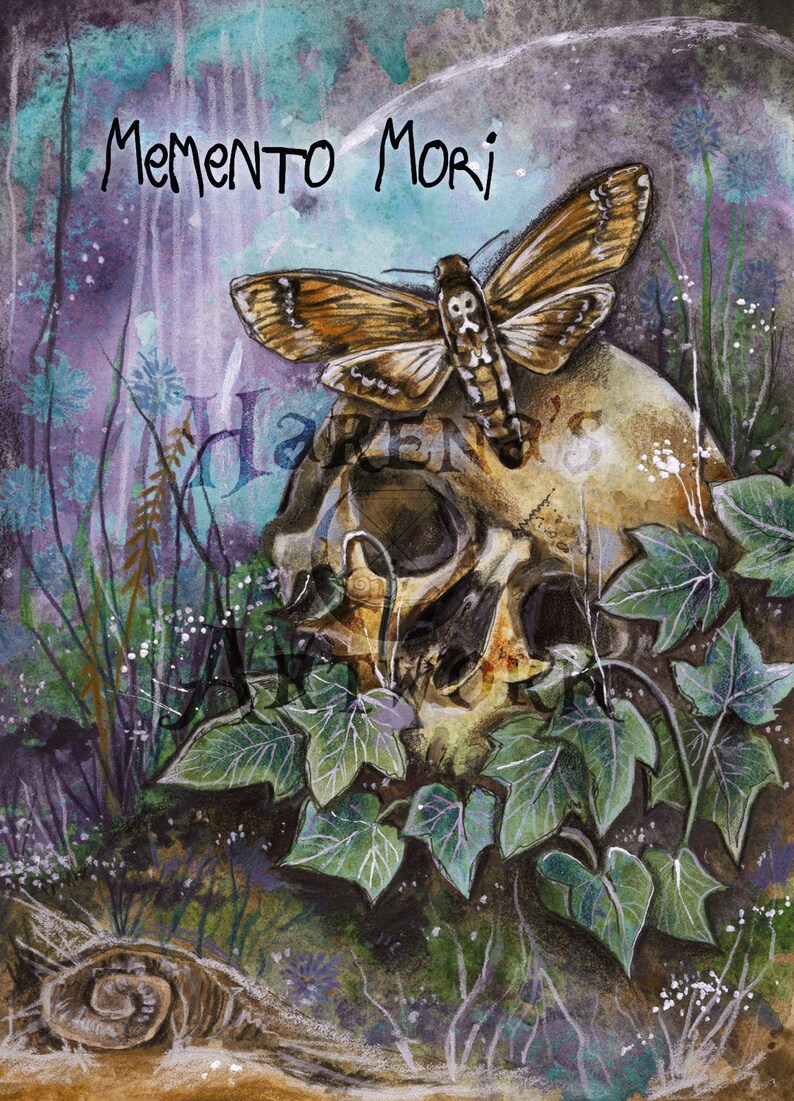 May include: A watercolour painting of a skull with a moth perched on top. The skull is surrounded by green leaves and the background is a purple and blue watercolour wash. The text "Memento Mori" is written in black at the top of the image.