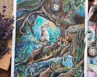 Down the Rabbit Hole (Art Print) - White Rabbit, Alice in Wonderland, Tea Party, Fairy Tale Art, Illustration, Fairy Tale Forest, Magical Art