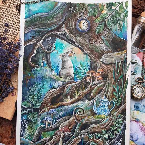 Down The Rabbit Hole (Original & Kunstdruck) - Alice in Wonderland, Teaparty, Märchenkunst, Illustration, Märchenwald, Magische Kunst, no AI