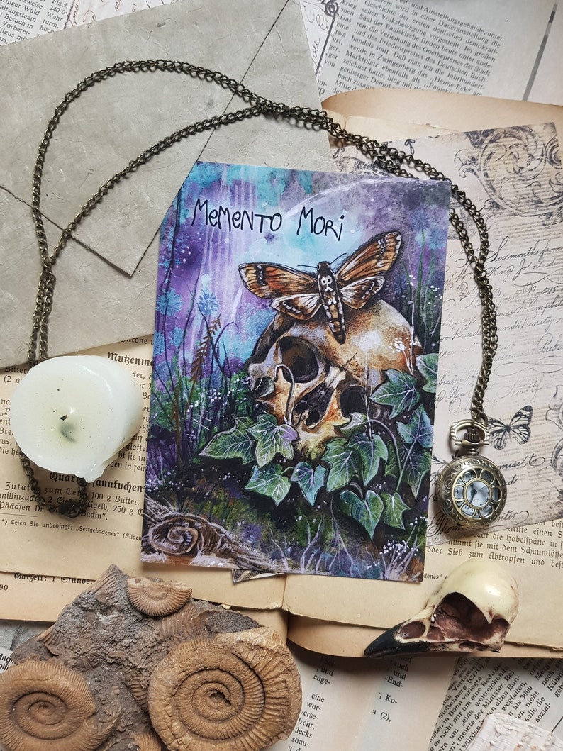 May include: A watercolour painting of a skull with a moth perched on top. The skull is surrounded by green leaves and vines. The painting has a dark, mystical feel and includes the text "Memento Mori".