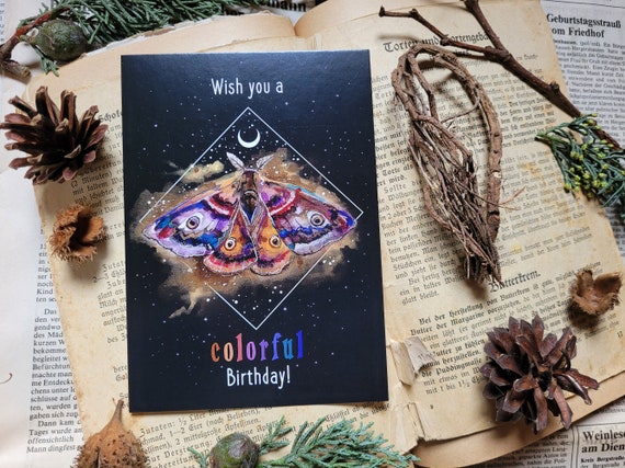 Postkarte Colorful Birthday, Happy Birthday, Motte, Geburtstag, Geburtstagskarte, Gothic, Mond, Alles Gute, Glückwunsch, farbenfroh, Harena