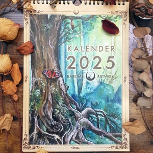 Illustrated wall calendar 2025 - A4 calendar, art calendar, monthly calendar, animal calendar, wall decoration, annual planner with moon phases, no AI