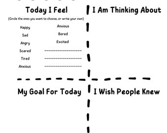 May include: A printable daily check-in sheet with a grid of yellow smiley faces, a section for writing about feelings, and a section for writing about thoughts. The sheet also includes sections for writing about goals and wishes.