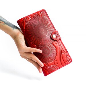 Personalisierte Brieftasche Frauen, Sonnenblume Brieftasche, rote Leder Brieftasche, Bargeld Umschlag Brieftasche, Karte Brieftasche, Monogramm Brieftasche, Sonnenblume Geschenke, Blume