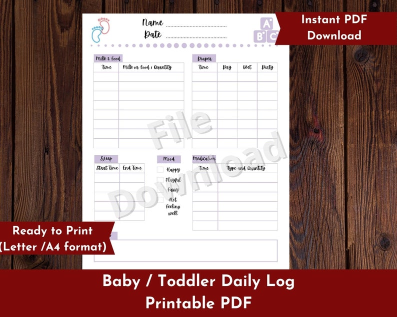 Printable Baby &amp; Toddler daily Log Nanny Log Babysitter | Etsy