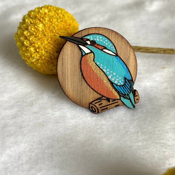 Broche en bois faite main / Martin pêcheur, oiseau bleu / Pin’s bois