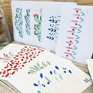 Carte postale, carte décorative à l'aquarelle - Peinte à la main - Motifs floraux - 9 dessins originaux