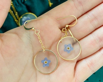 Round dangling forget-me-not earrings (dried flower), 14K gold plated