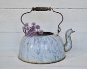 Vintage Enamel Tea Pot With Wood Handle