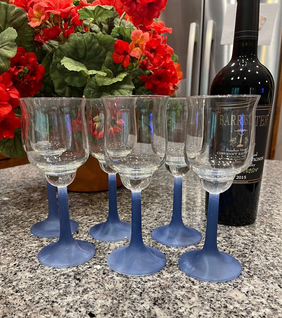 Set of 6, Wine Glasses...tulip Shaped Glass With Matt Blue Stems 1980's