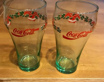 2 Vintage Coca-Cola Coke Christmas Holiday Bells Holly Collectible Glasses Lot 