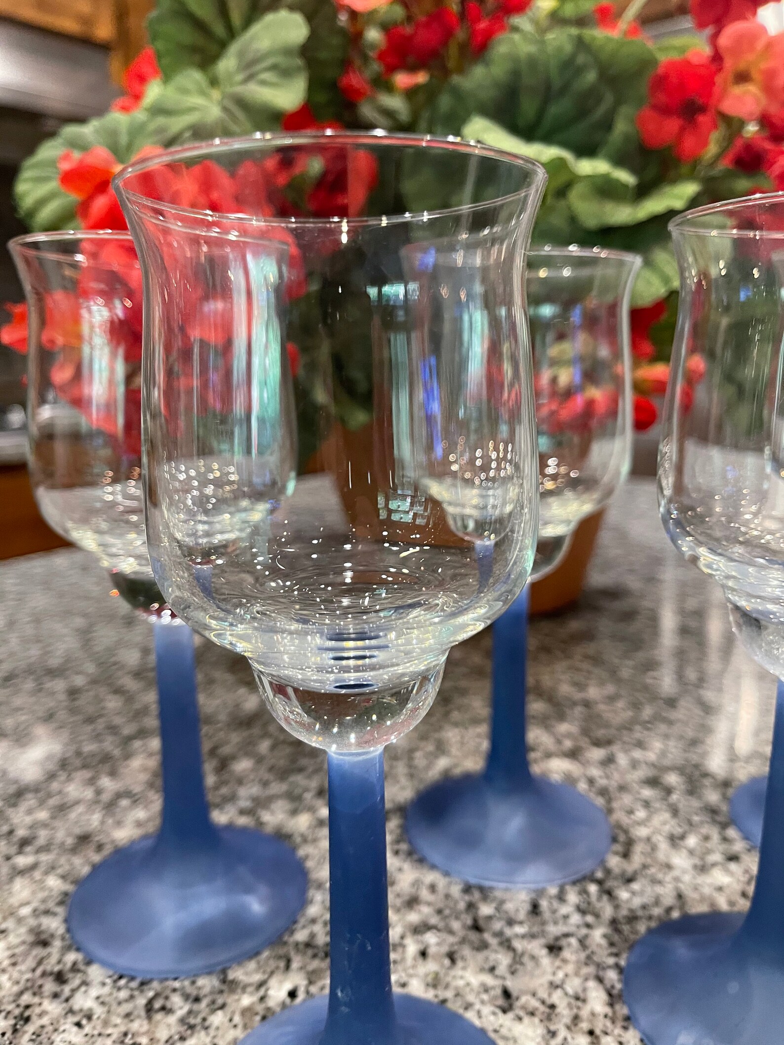 Set of 6, Wine Glasses...tulip Shaped Glass With Matt Blue Stems 1980's