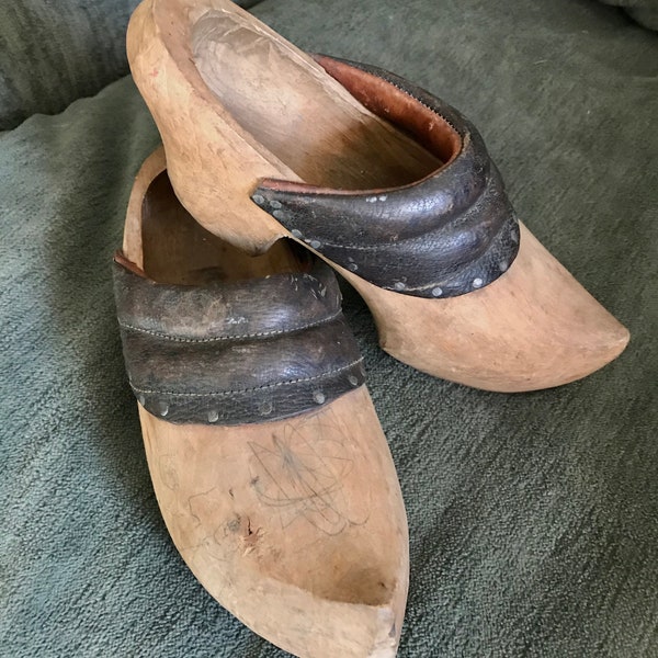 Antique Wooden Scandinavian Sabots, Clogs, Klompen, Mules, hand carved with leather