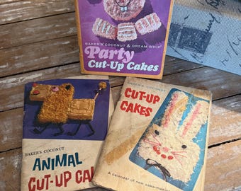 Lot de 3, Baker's Coco, CUT-UP CAKE, Livres de cuisine, 1950-60, Gen. Foods Corp.