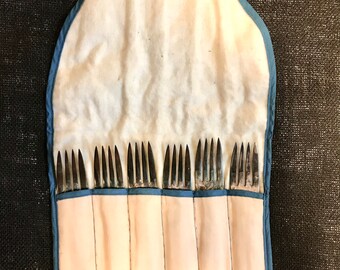 Antique Set of 6 Dessert Forks in Dover/Plymouth by Milford Silver Co. Wallace  with Anti Tarnish silver envelope embroidered pouch