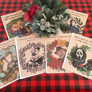 Horror holiday cards, slasher Christmas cards, illustrated holiday cards, holiday cabinet card, greeting cards