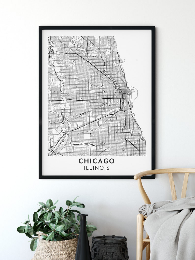 Chicago Map, Black & White, Downloadable Print, Minimalist Modern Map