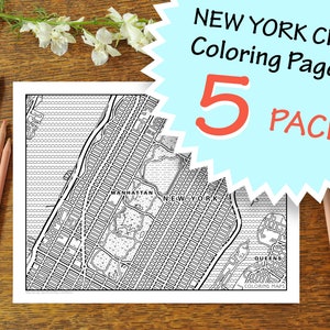 5 Pack - New York City Coloring Page, NYC, Adult Coloring Page, Digital Download, Printable, Street Map