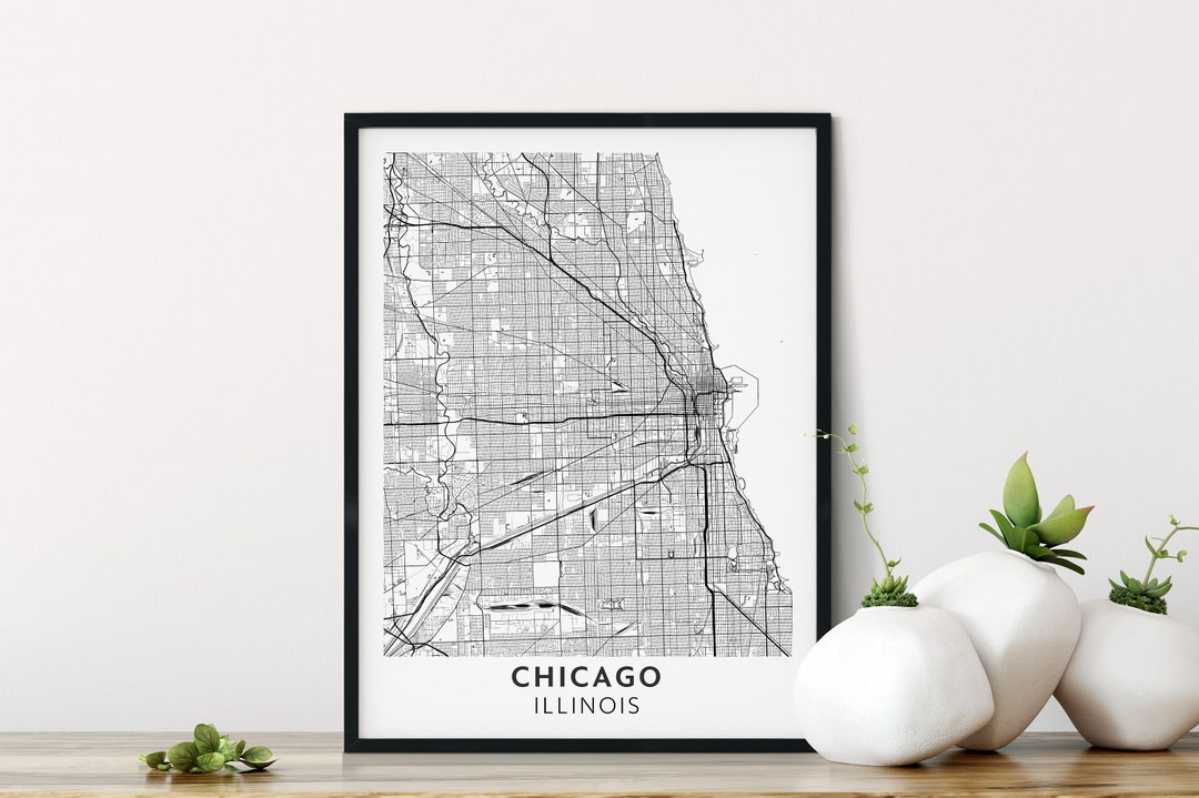 Chicago Map, Black & White, Downloadable Print, Minimalist Modern Map