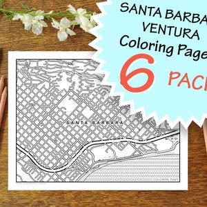 6 Pack Santa Barbara Ventura Coloring Pages for Adults, Street Map, City Maps, Print, Digital Download