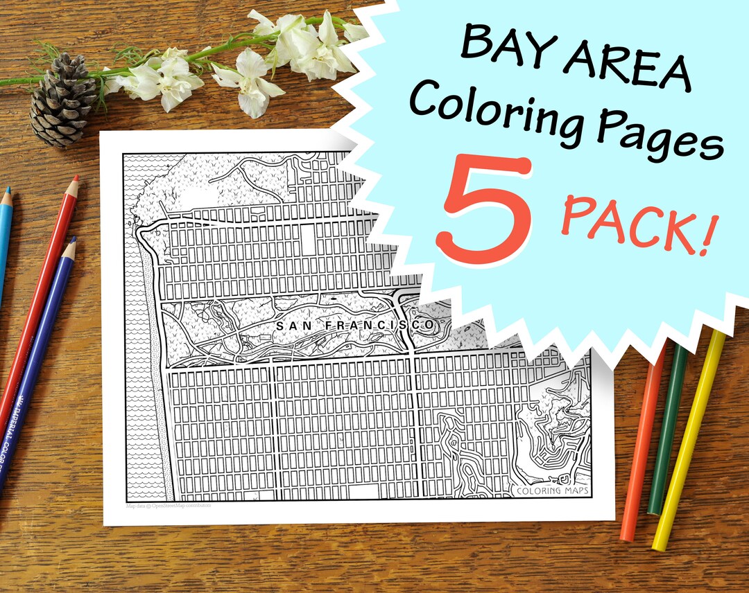 5 Pack Bay Area Map Coloring Pages for Adults, Street Map, City Maps ...