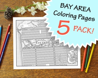 5 Pack Bay Area Map Coloring Pages for Adults, Street Map, City Maps, Print, Digital Download