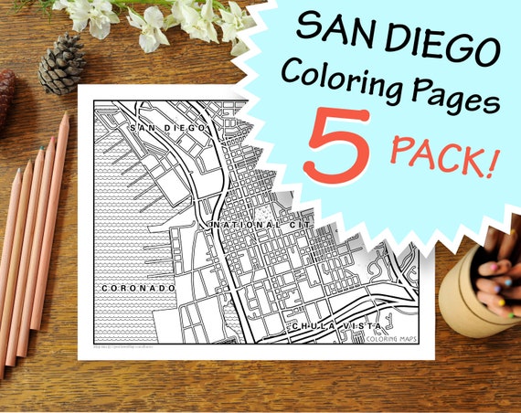 5 Pack San Diego Coloring Pages for Adults Street Map City | Etsy