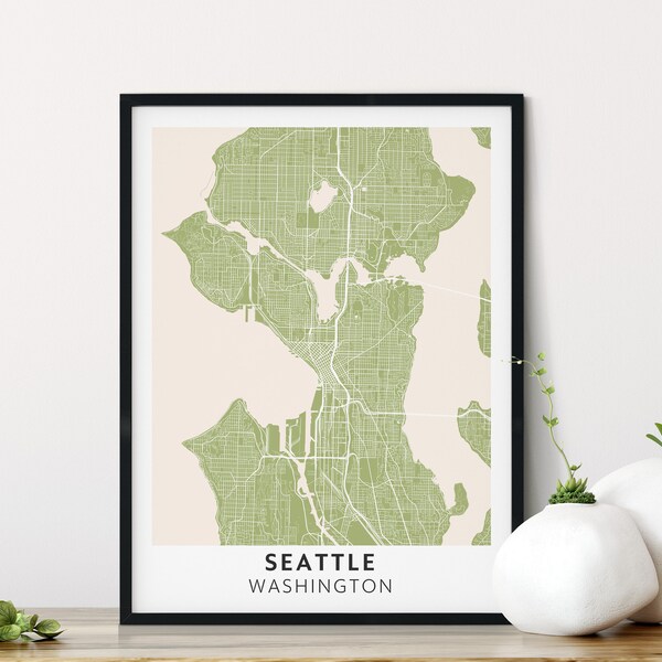 Seattle Map Wall Art, Sand Sage, Downloadable Print, Minimalist Modern Map Poster