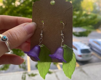 Purple Bell Flower Earrings with Green Leaves