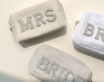 Personalized Pouch, Pearl Letter Cosmetic Bag, Toiletries Bag, Custom Bride Gift, Cosmetic Bag, Bridesmaid Proposal, Bridal Shower Gift