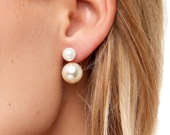HANDMADE | Waterproof | Anti Tarnish | Two in One Pearl Ear Jacket Earring | Elegant Stud Earrings | Gold, Silver