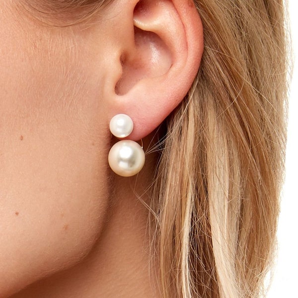 HANDMADE | Waterproof | Anti Tarnish | Two in One Pearl Ear Jacket Earring | Elegant Stud Earrings | Gold, Silver