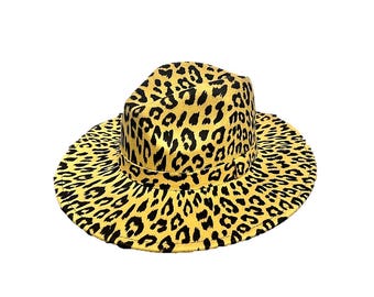 Flat Wide Brim Unisex Warm Felt Fedora Hat Retro Style Panama Hat Leopard Yellow